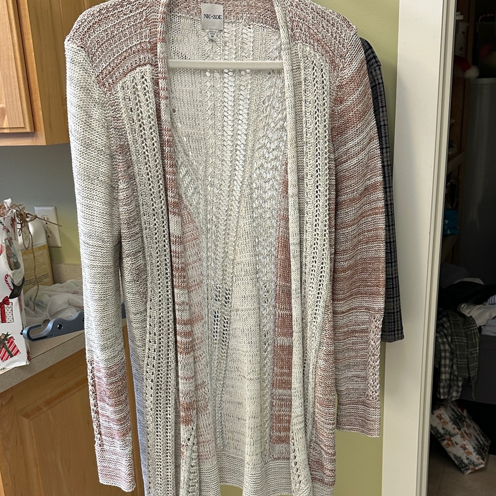 Nic & Zoe  Women's Open-Front Sweater - Cream and blush mauve pink